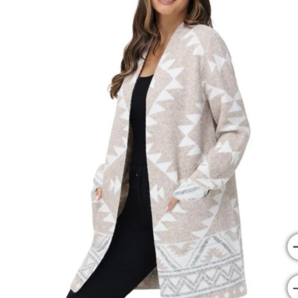 Frye Cozy Cardigan Sweater Open Front Sz M Aztec Western Boho Fall Tan & Cream‎